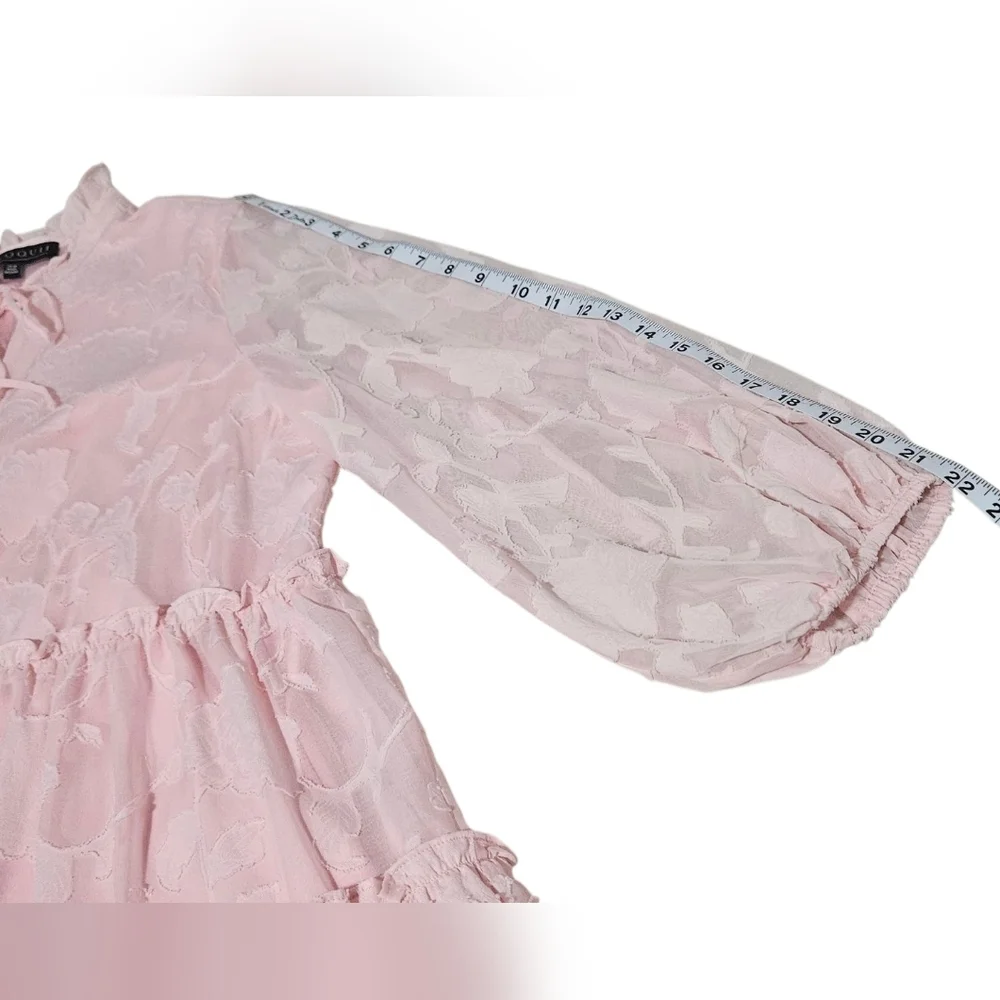 Eloquii Mini Pink Chiffon Tiered Ruffle Dress with Bow Neck Long Sleeve Boho